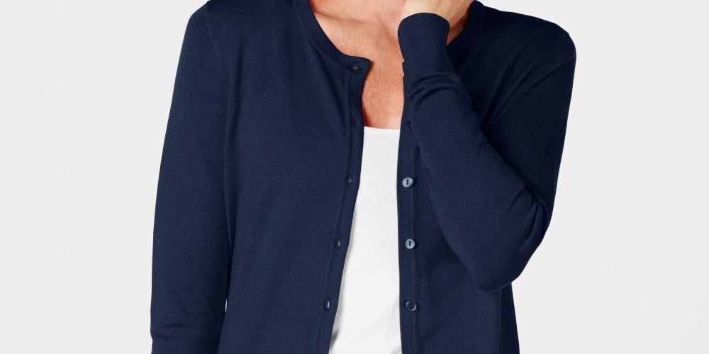 Cardigan feminino com gola redonda Charter Club, azul, tamanho pequeno, médio