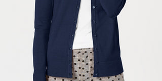 Cardigan feminino com gola redonda Charter Club, azul, tamanho pequeno, médio