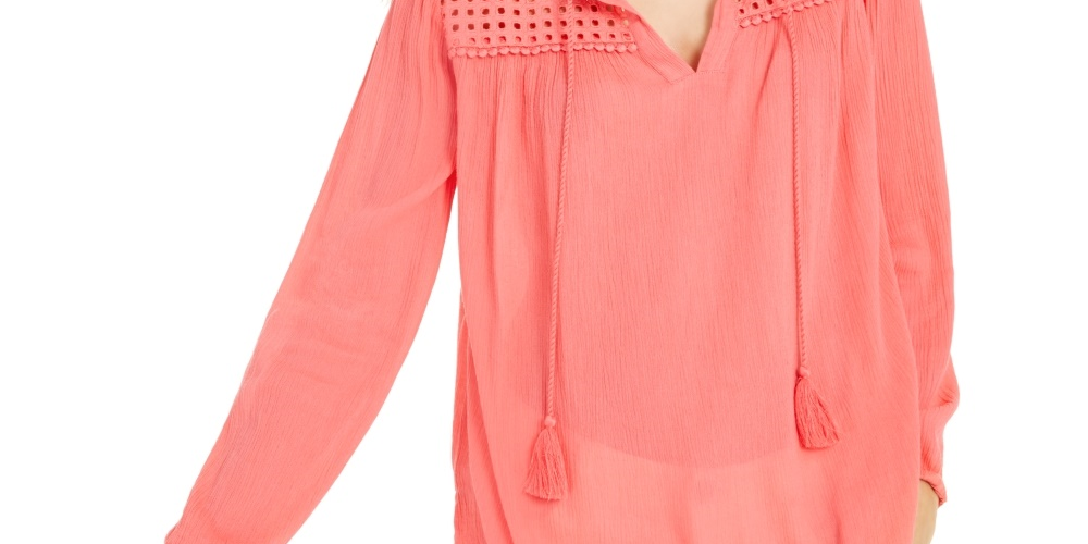 Charter Club Blusa de linho feminina com ilhós e gravata borla, vermelha, tamanho grande