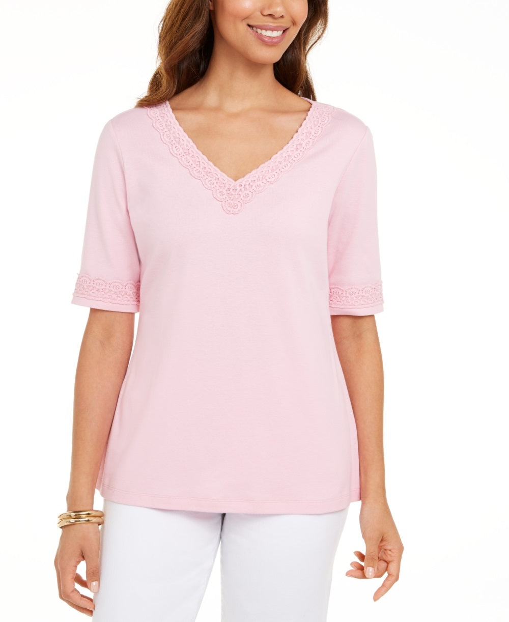 Blusa feminina Karen Scott com acabamento em crochê de algodão, rosa, tamanho X-S