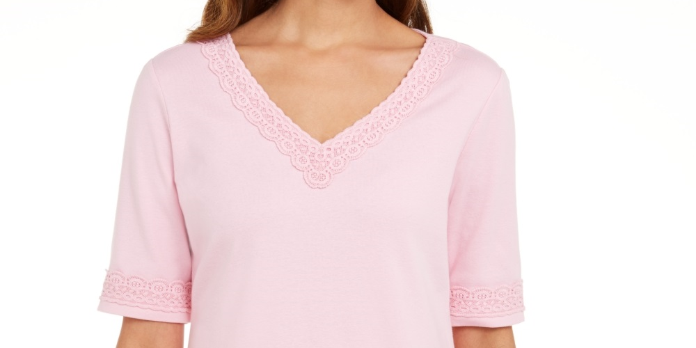 Blusa feminina Karen Scott com acabamento em crochê de algodão, rosa, tamanho X-S