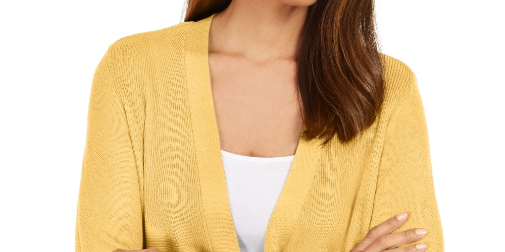 Cardigan feminino JM Collection com mangas divididas e nervuras mistas, tamanho médio, dourado