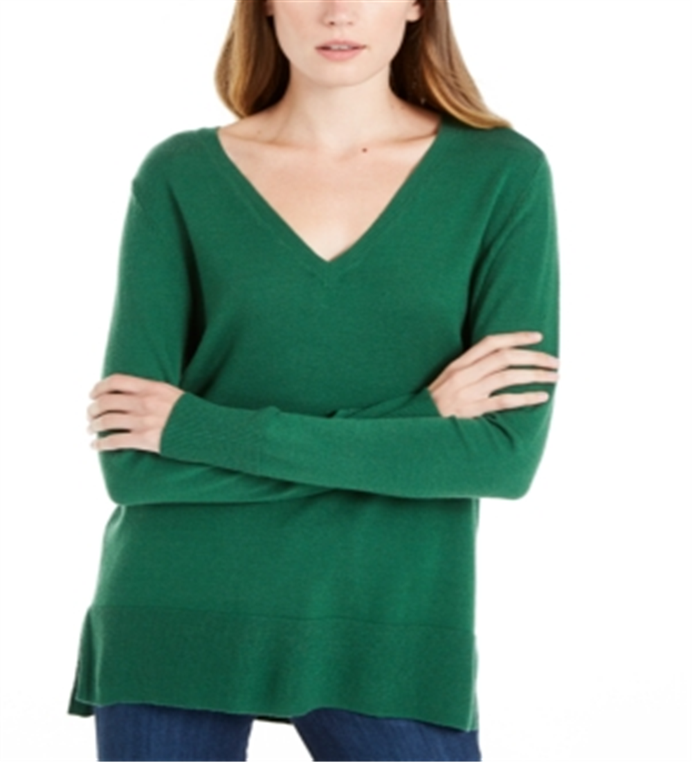 Suéter feminino Maison Jules com decote em V, verde, tamanho XX-G