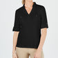 Karen Scott Top Feminino de Algodão Johnny-Collar Preto Tamanho Médio