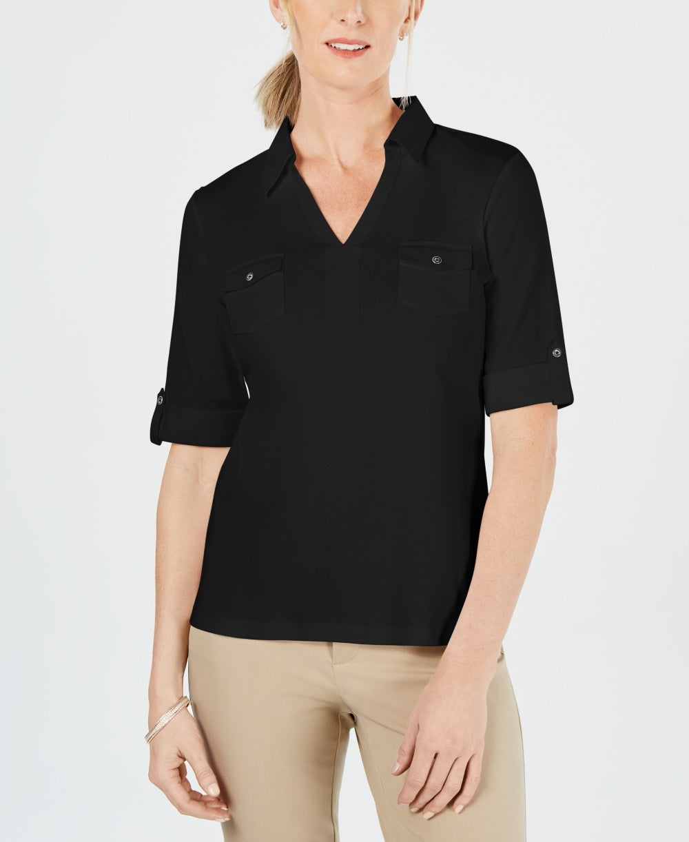 Karen Scott Top Feminino de Algodão Johnny-Collar Preto Tamanho Médio