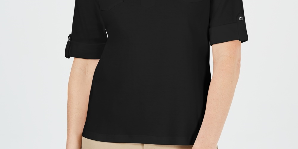 Karen Scott Top Feminino de Algodão Johnny-Collar Preto Tamanho Médio