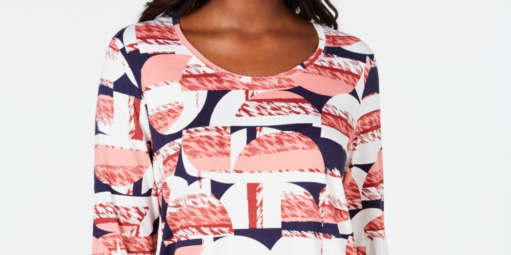 JM Collection Top feminino estampado com manga 3/4, rosa, PS