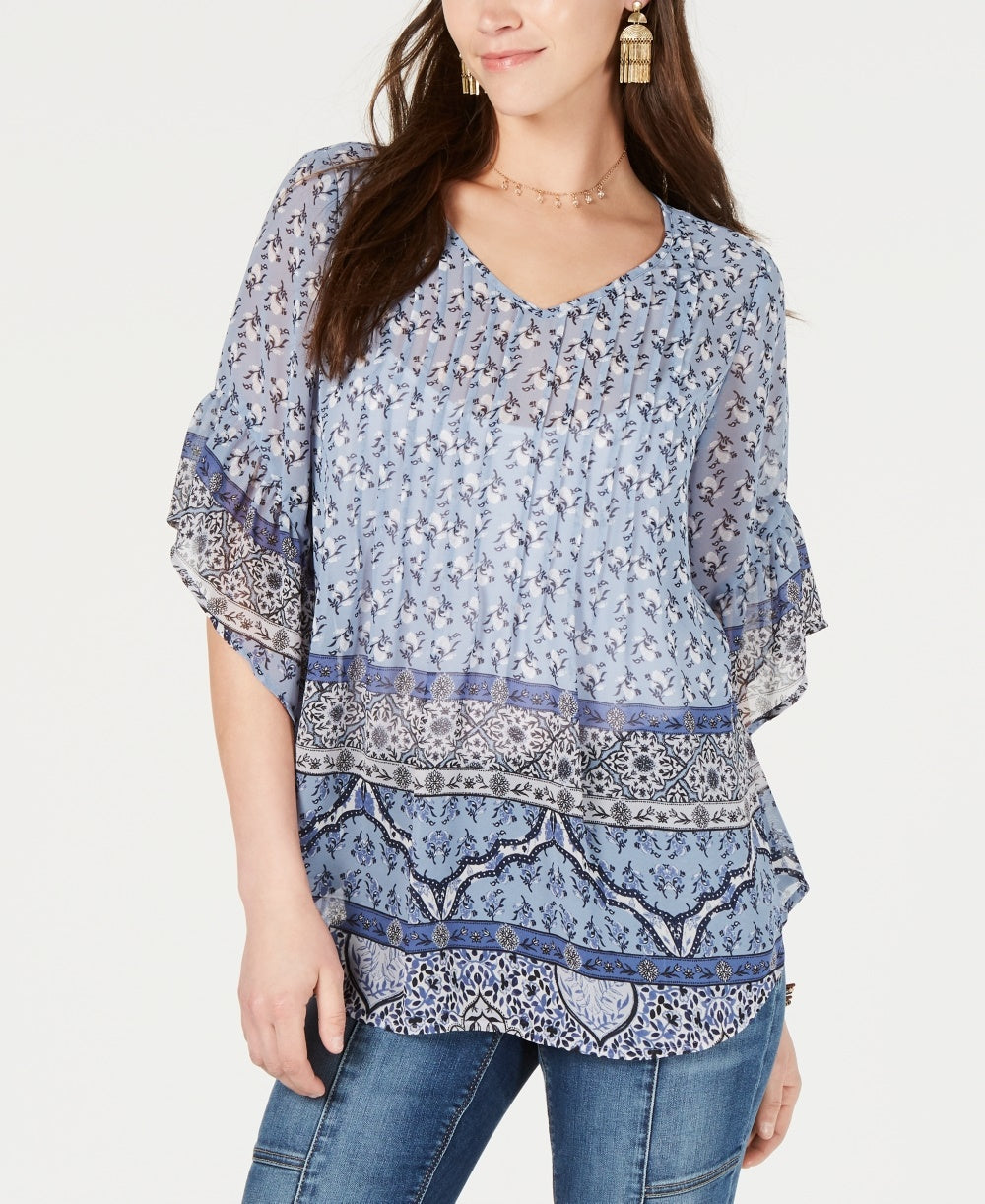 Blusa feminina estilo &amp; co com estampa retrô de cachecol e pregas, azul marinho, tamanho pequeno