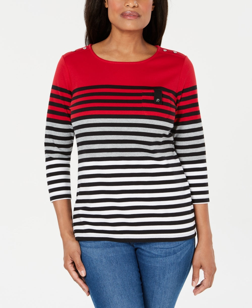 Karen Scott Top Listrado Feminino Petite Colorblocked Vermelho Brilhante Tamanho PS