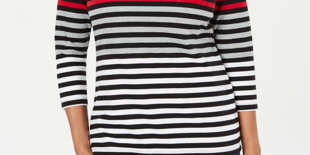 Karen Scott Top Listrado Feminino Petite Colorblocked Vermelho Brilhante Tamanho PS