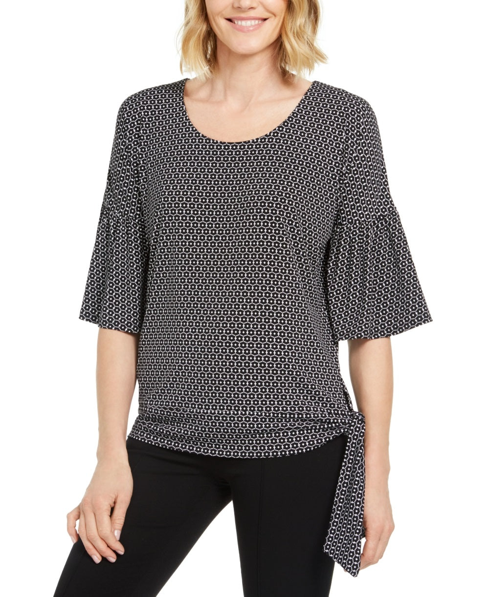 Blusa feminina JM Collection com bainha amarrada e decote redondo, preta, tamanho pequeno