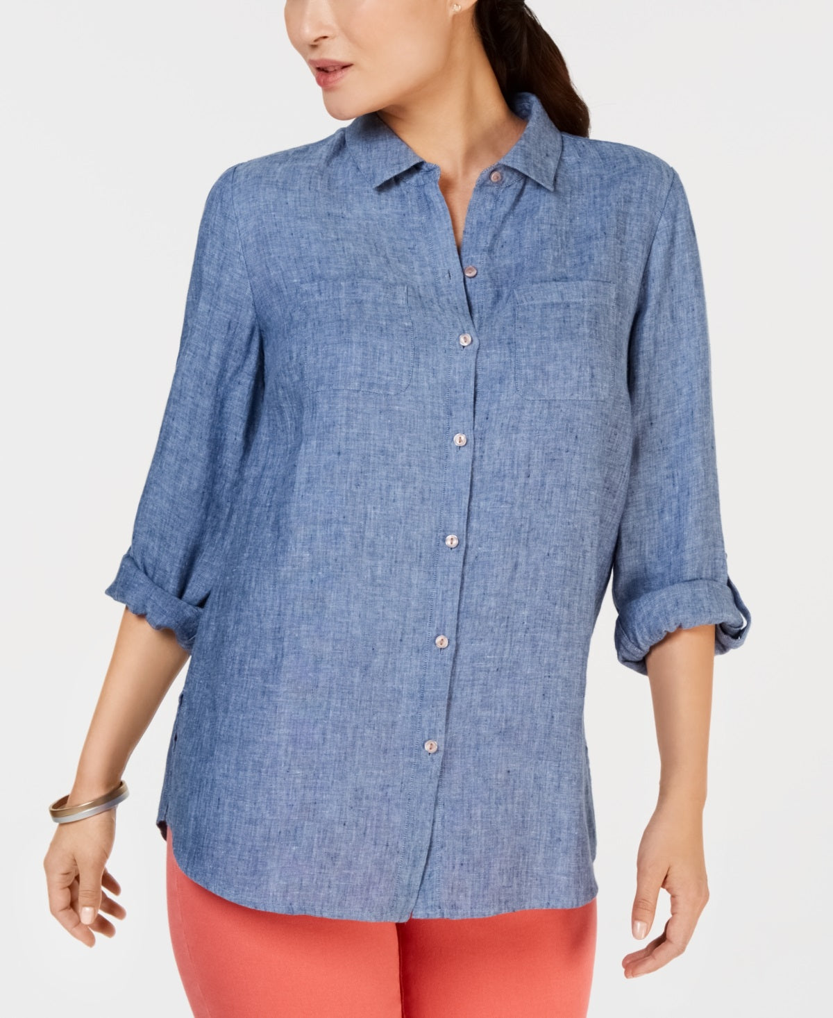 Camisa de linho feminina Charter Club azul tamanho médio
