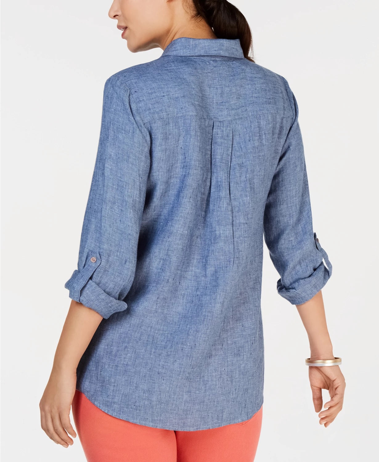 Camisa de linho feminina Charter Club azul tamanho médio