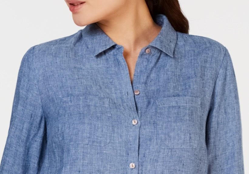 Camisa de linho feminina Charter Club azul tamanho médio