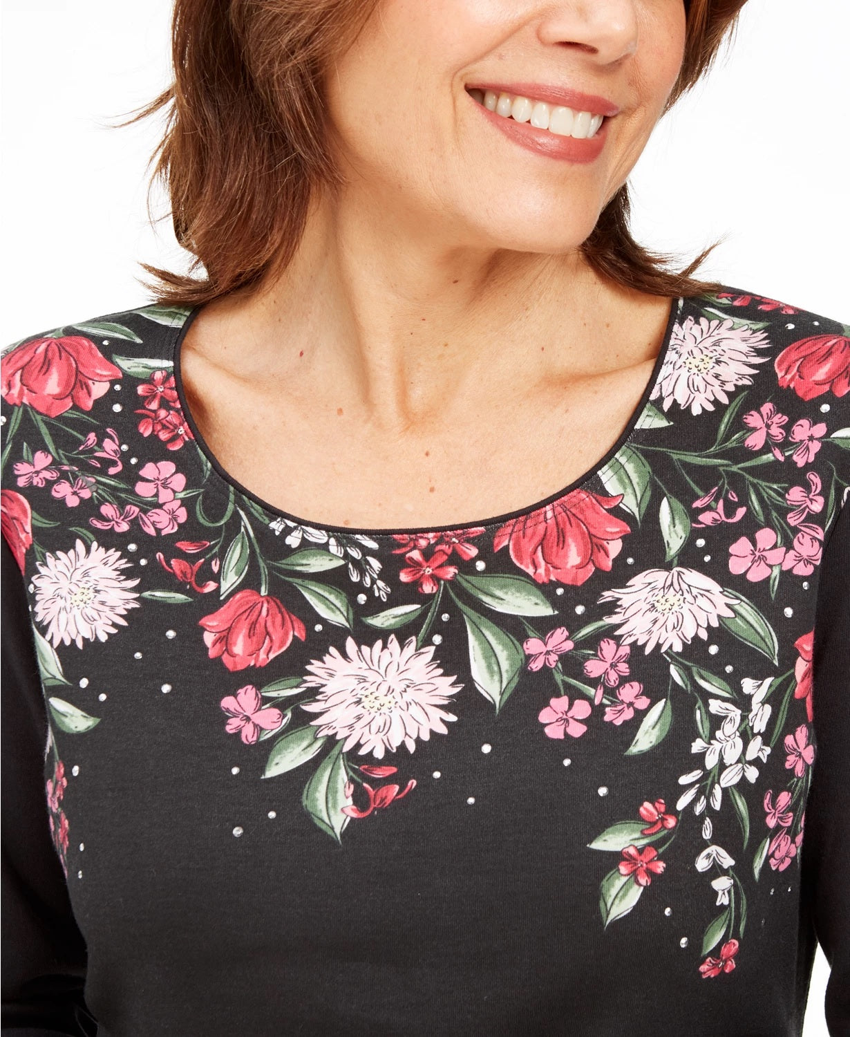 Karen Scott Blusa Roxanne Floral com Strass Feminina Preta Tamanho X-S