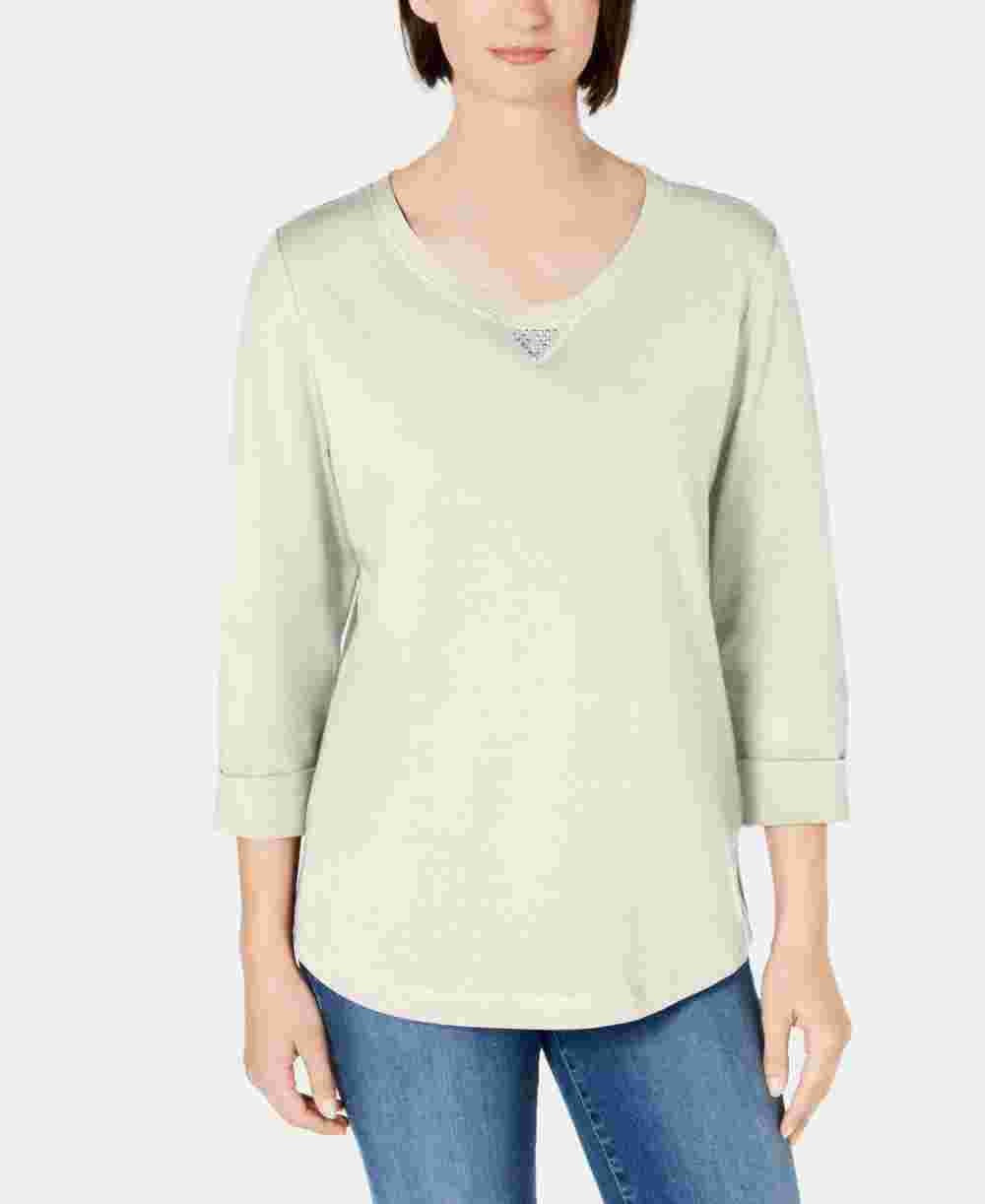 Karen Scott Moletom feminino esportivo de algodão com tachas e manga 3/4, branco, tamanho X-S