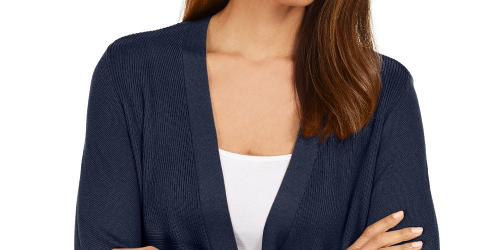 Cardigan feminino JM Collection com mangas divididas e nervuras mistas, azul, tamanho grande