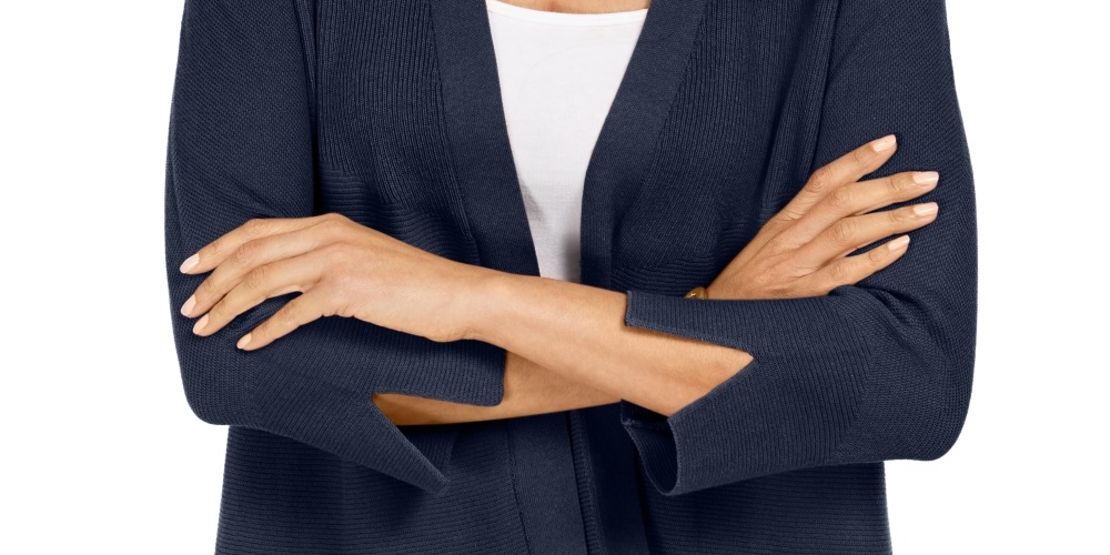 Cardigan feminino JM Collection com mangas divididas e nervuras mistas, azul, tamanho grande