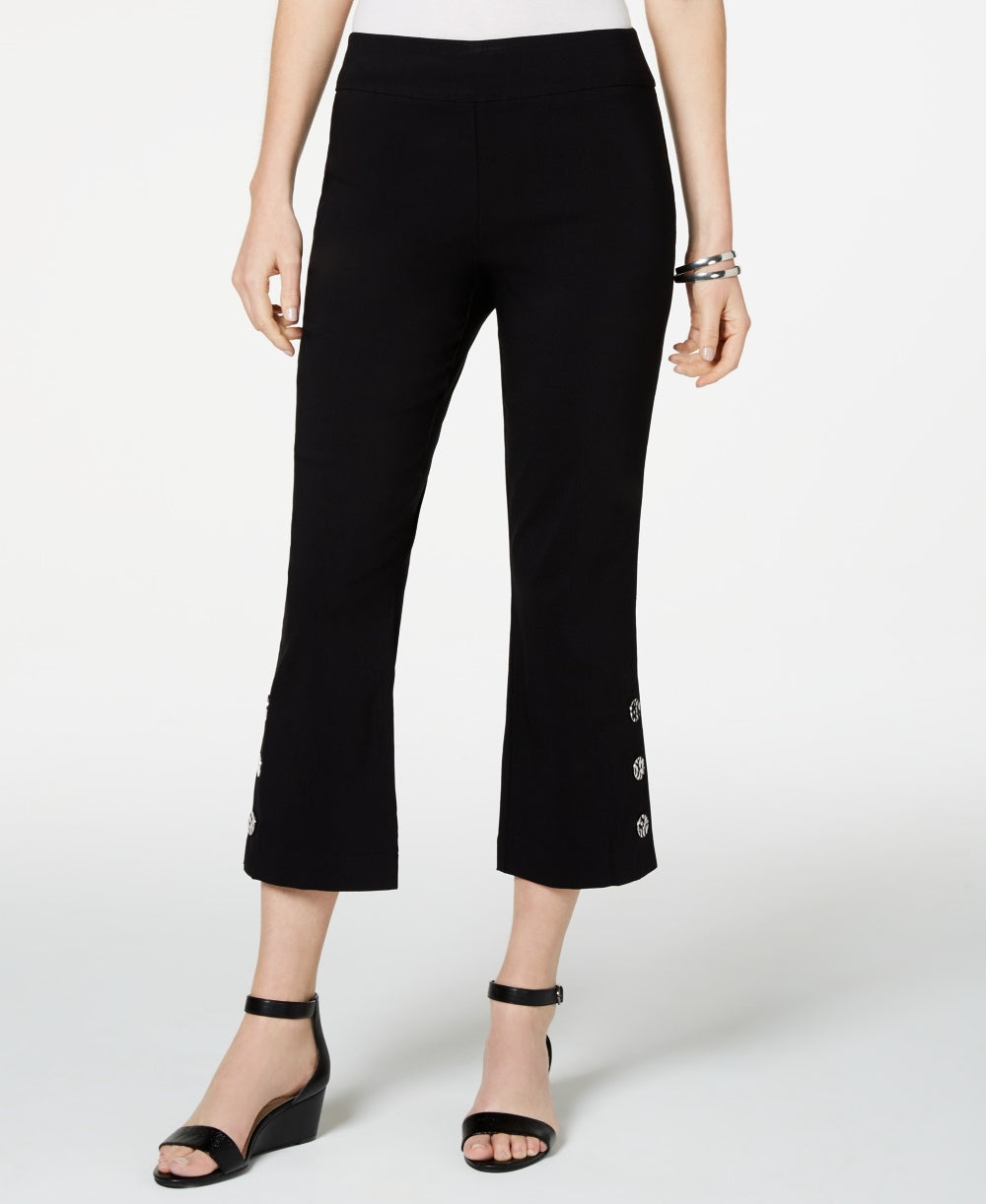 Calça flare feminina JM Collection com acabamento em botões e corte curto, preta, tamanho pequeno médio