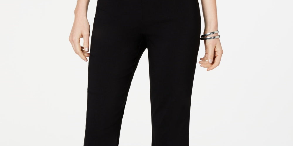 Calça flare feminina JM Collection com acabamento em botões e corte curto, preta, tamanho pequeno médio