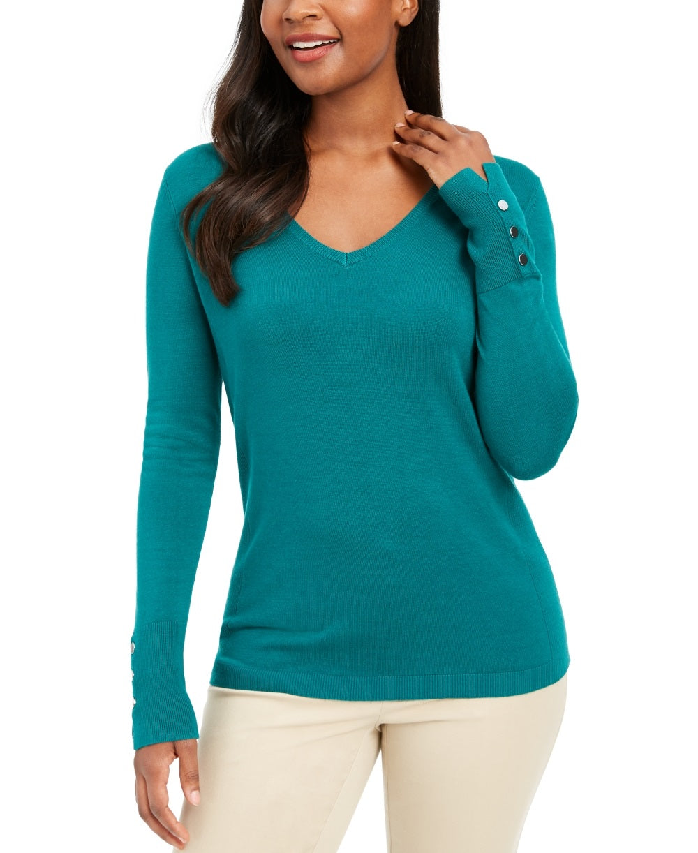 JM Collection Suéter Feminino com Manga Enfeitada e Gola V Verde Tamanho P