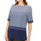 Blusa feminina Karen Scott listrada com mangas curtas e cotovelo, azul, tamanho XS