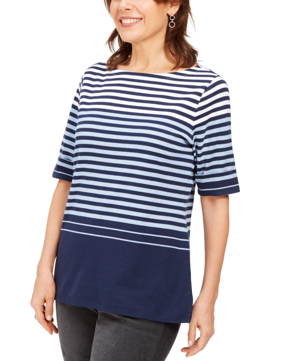 Blusa feminina Karen Scott listrada com mangas curtas e cotovelo, azul, tamanho XS