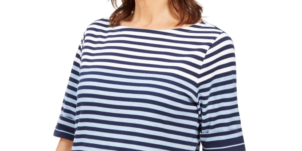 Blusa feminina Karen Scott listrada com mangas curtas e cotovelo, azul, tamanho XS