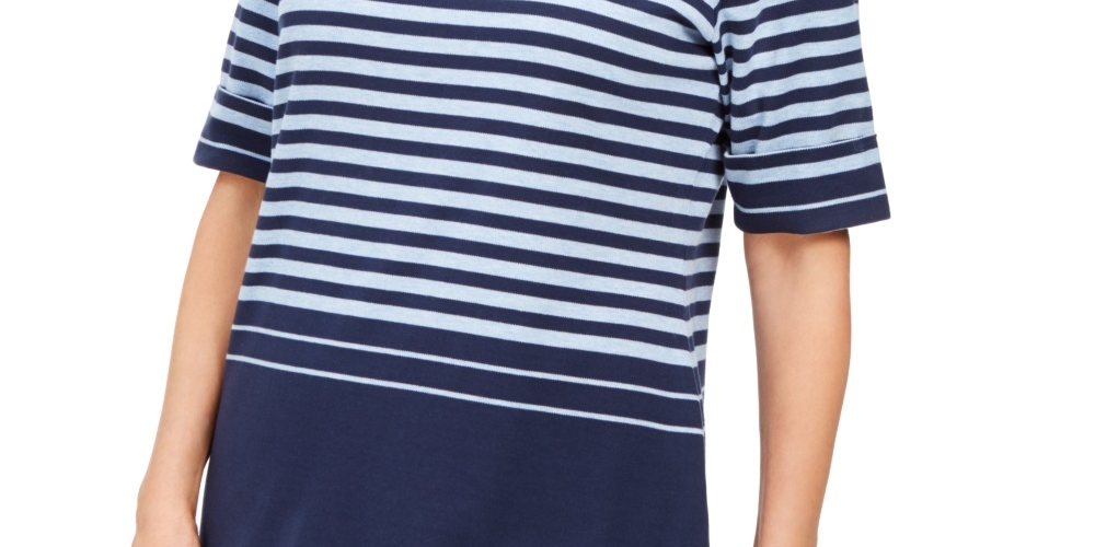 Blusa feminina Karen Scott listrada com mangas curtas e cotovelo, azul, tamanho XS