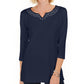 Karen Scott Blusa Feminina de Algodão com Tachas e Gola Dividida Azul Tamanho P