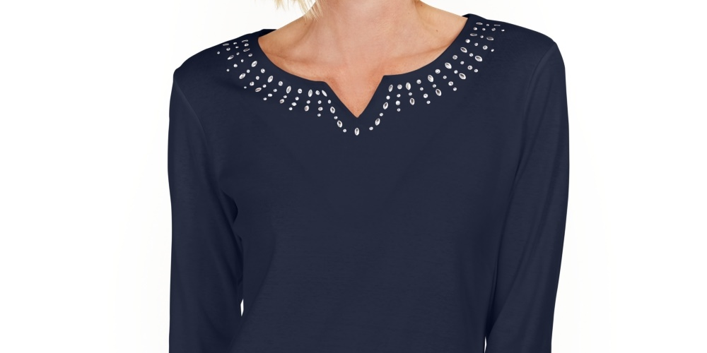 Karen Scott Blusa Feminina de Algodão com Tachas e Gola Dividida Azul Tamanho P