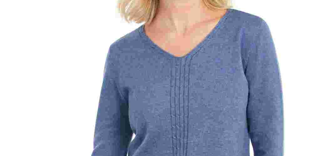 Suéter de malha de algodão Karen Scott feminino, azul, tamanho XS