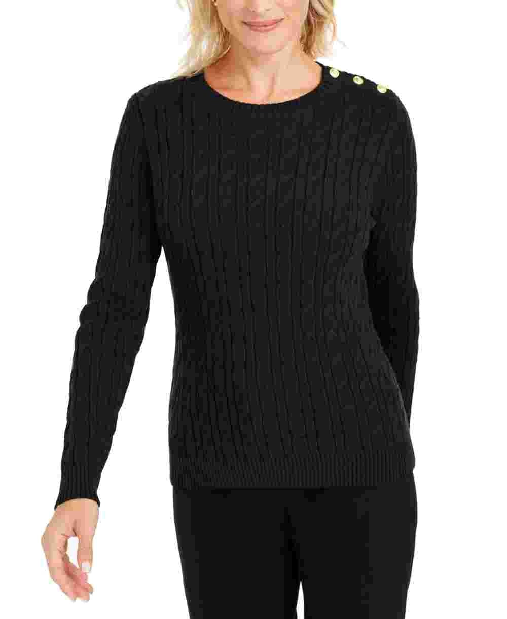 Suéter feminino com estampa texturizada e gola joia, manga comprida, tamanho pequeno, preto, Charter Club