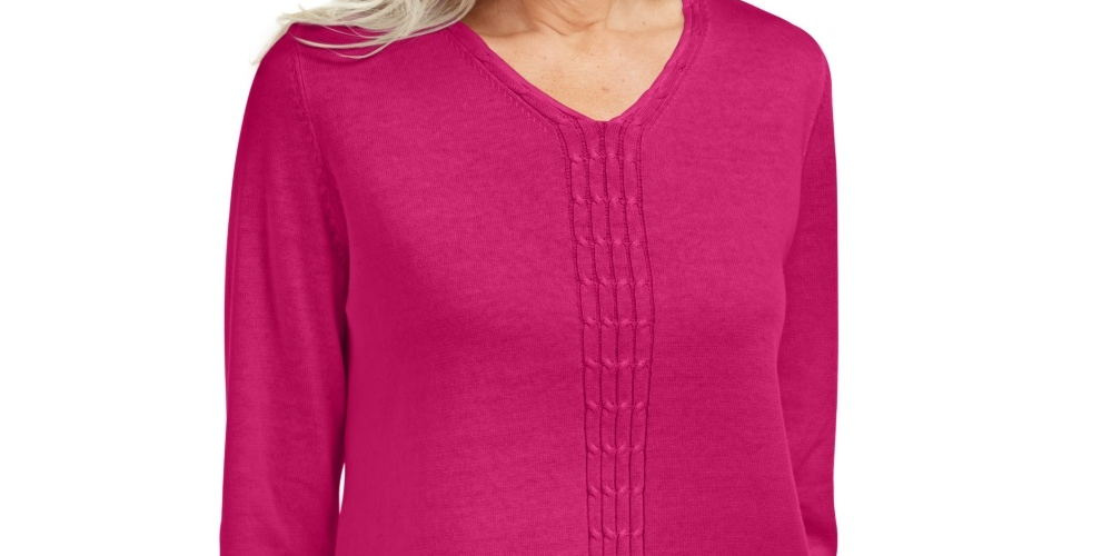 Karen Scott Suéter Feminino de Tricô com Cabo de Algodão Rosa Tamanho Médio