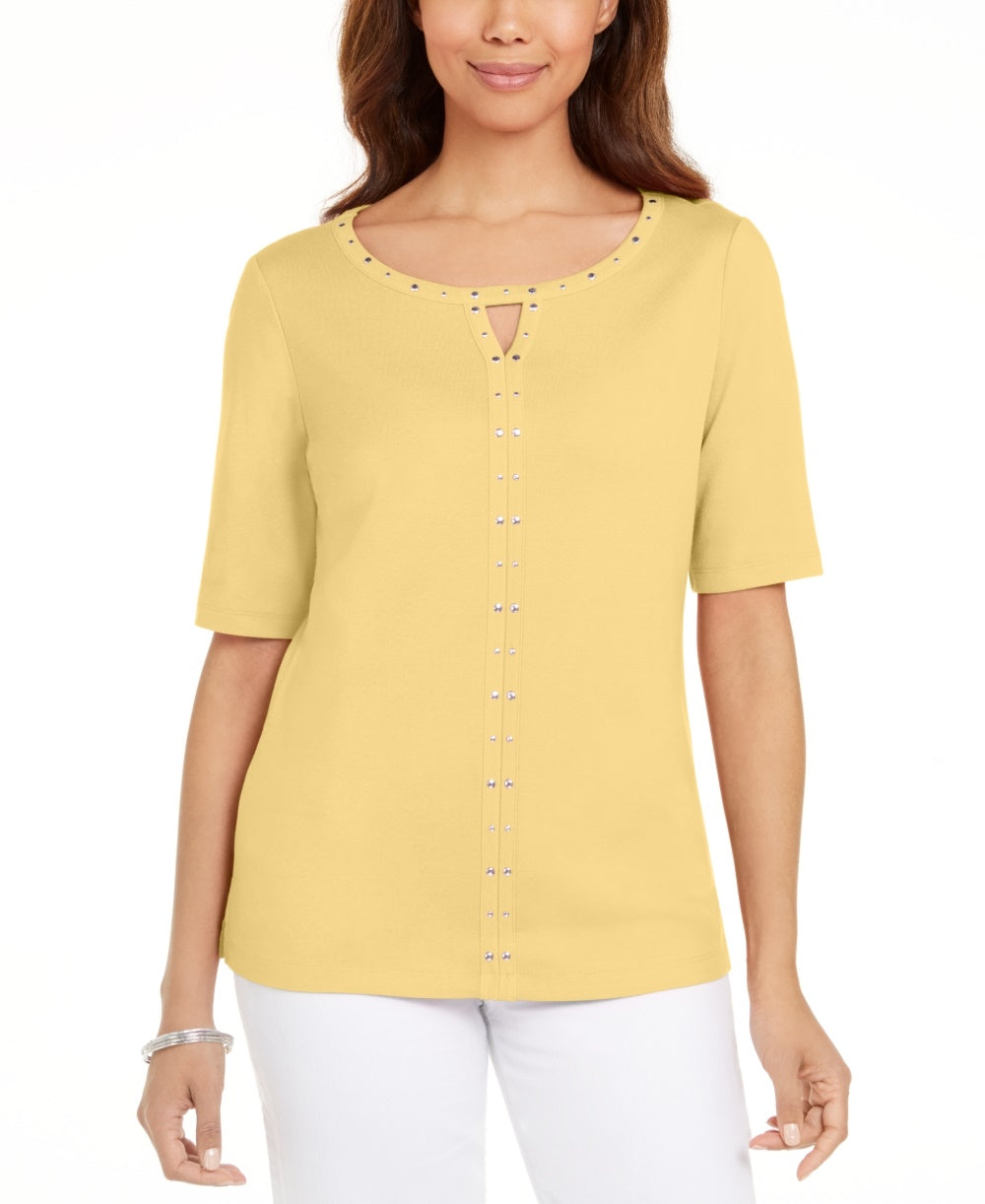 Karen Scott Top Feminino de Algodão com Tachas e Fenda Amarela Tamanho P