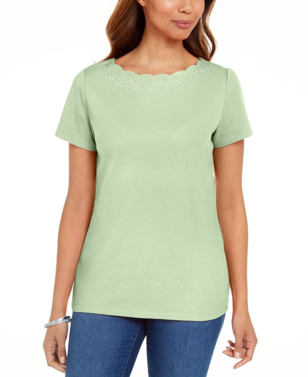 Camiseta feminina Karen Scott de algodão com gola recortada, verde, tamanho pequeno