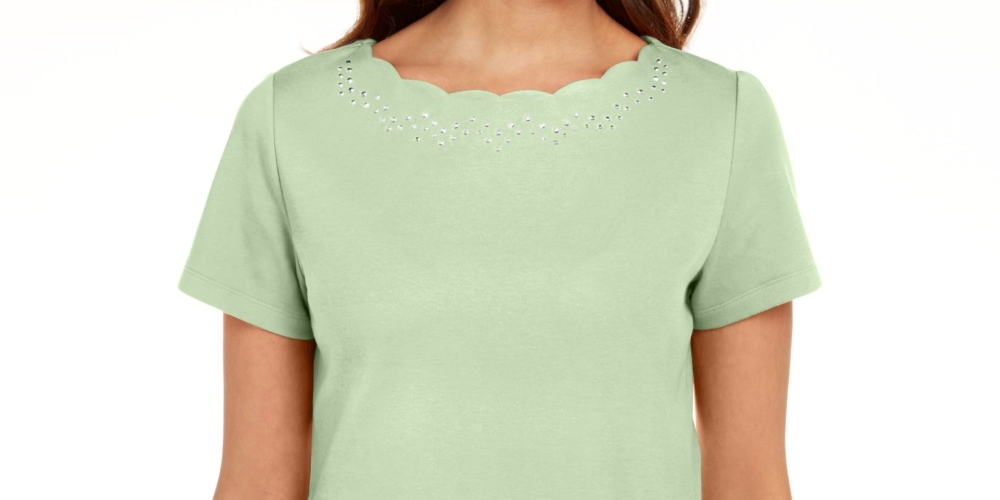 Camiseta feminina Karen Scott de algodão com gola recortada, verde, tamanho pequeno