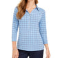 Camisa polo feminina Charter Club com estampa de manga 3/4, azul, tamanho extragrande