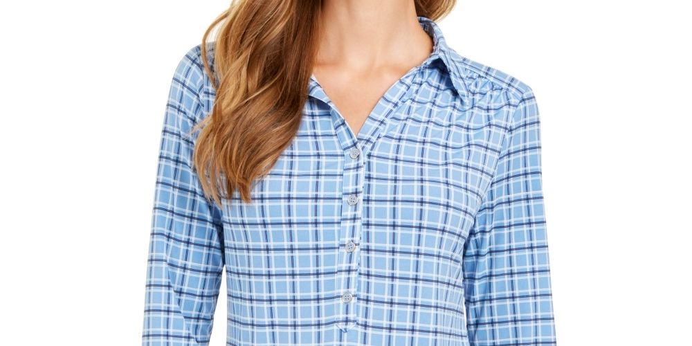 Camisa polo feminina Charter Club com estampa de manga 3/4, azul, tamanho extragrande