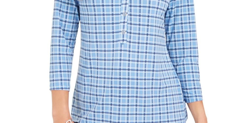 Camisa polo feminina Charter Club com estampa de manga 3/4, azul, tamanho extragrande