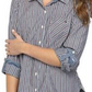 Tommy Hilfiger Blusa listrada com aba enrolada e botões, tamanho XS, azul