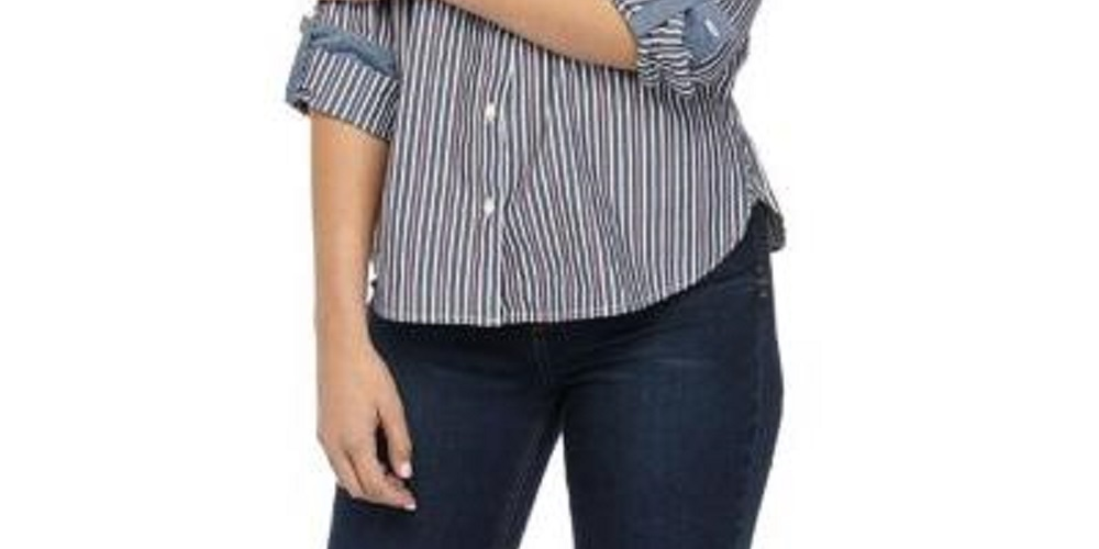 Tommy Hilfiger Blusa listrada com aba enrolada e botões, tamanho XS, azul