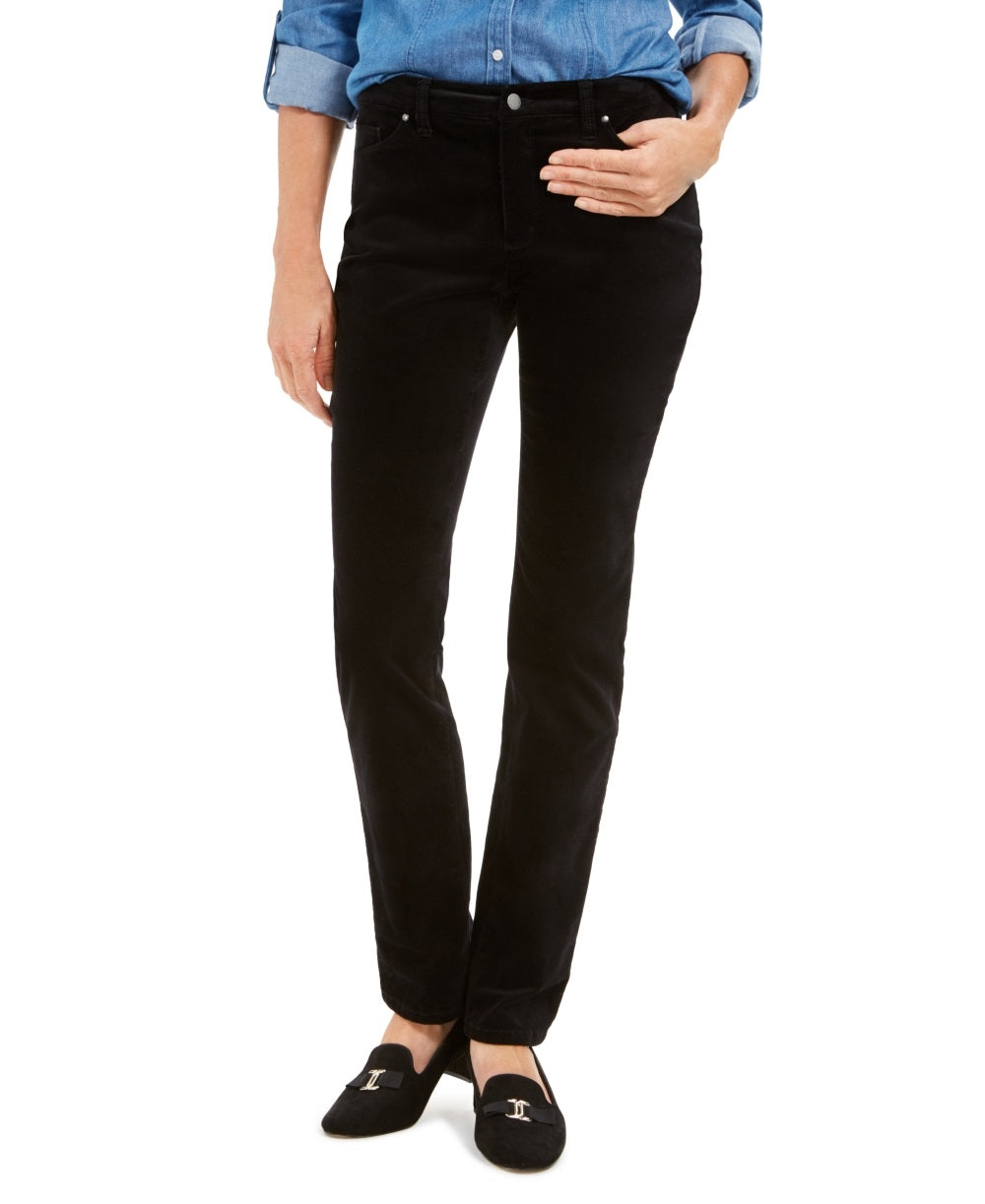 Calça jeans feminina Charter Club Lexington Velveteen Tummy Control com perna reta, preta, tamanho 16