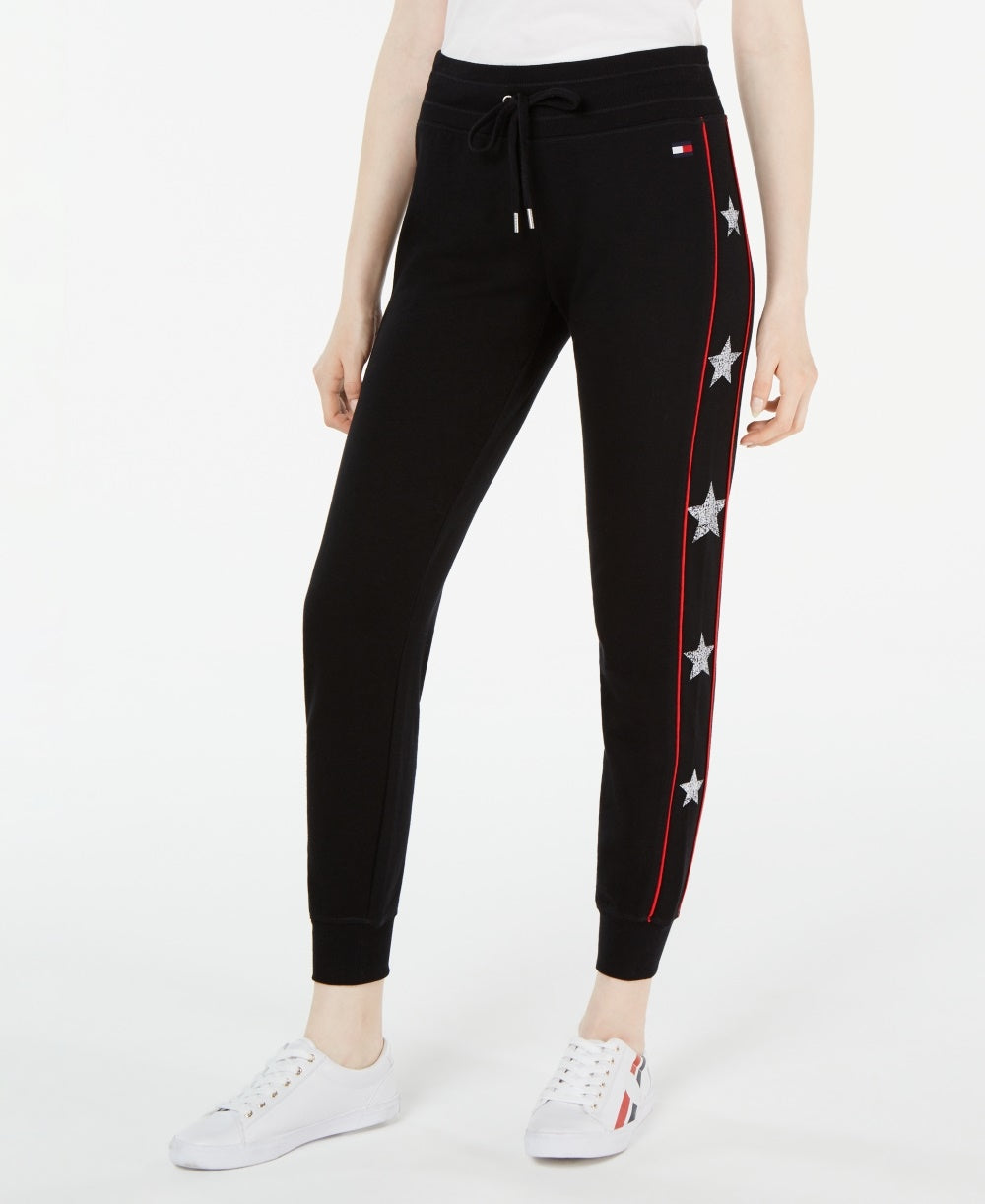 Calça jogger feminina Tommy Hilfiger Sport Star com punho e acabamento preto, tamanho pequeno