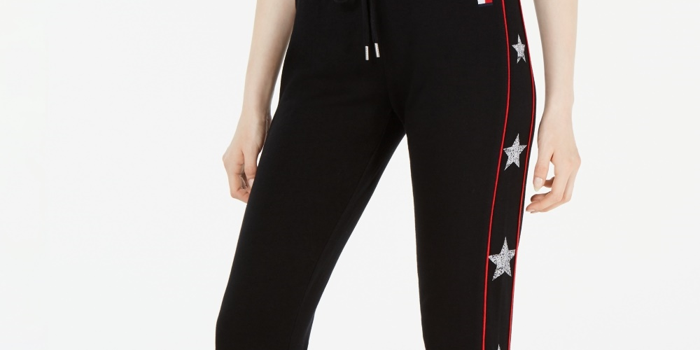 Calça jogger feminina Tommy Hilfiger Sport Star com punho e acabamento preto, tamanho pequeno