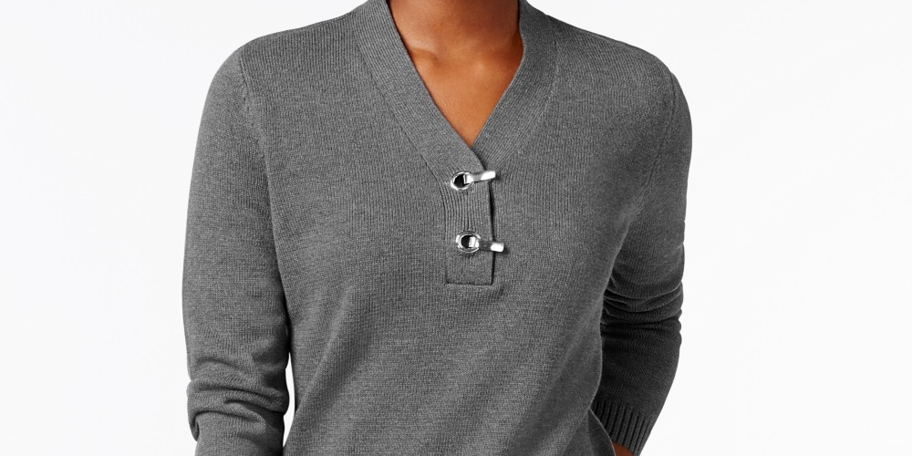 Karen Scott Suéter Henley Feminino Algodão Toggle Cinza Escuro Tamanho PS