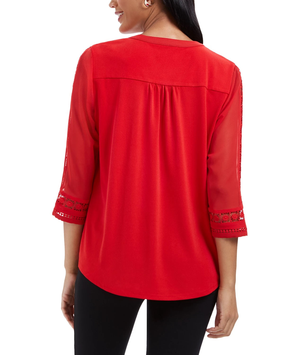 Charter Club Top Feminino com Manga Transparente Pintuck Vermelho Tamanho Pequeno-Médio