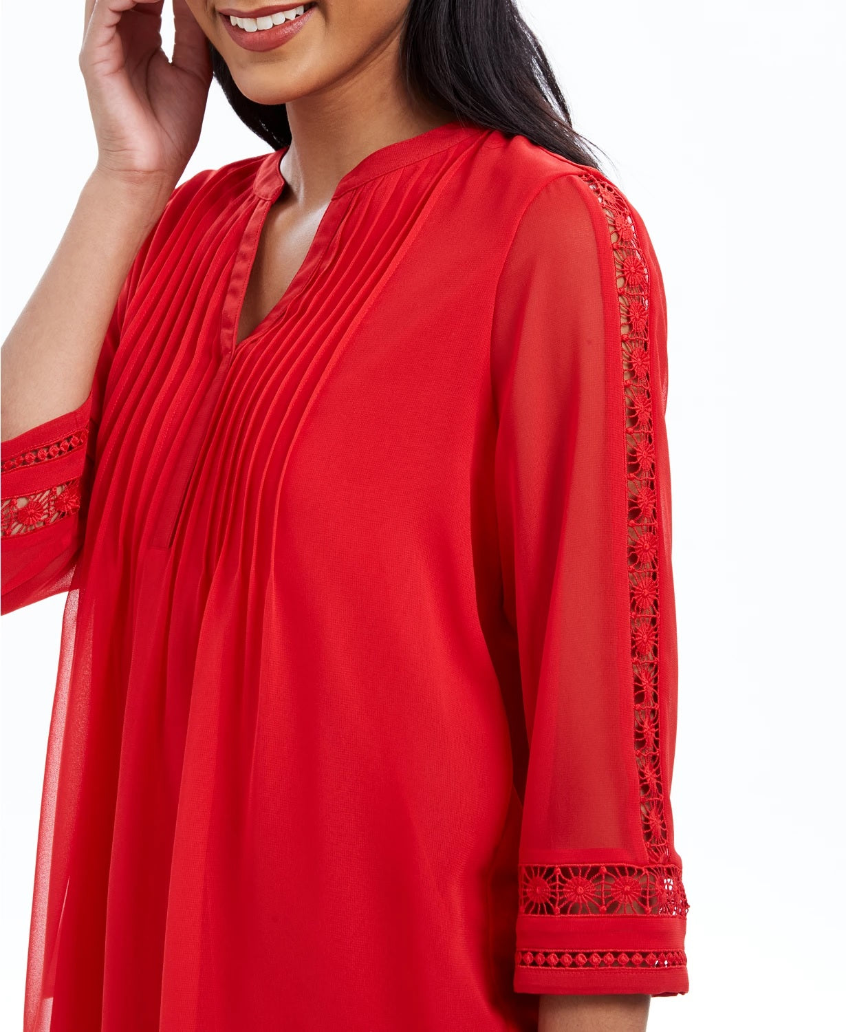 Charter Club Top Feminino com Manga Transparente Pintuck Vermelho Tamanho Pequeno-Médio