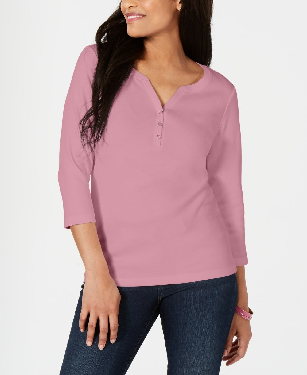 Camisa Henley de algodão pequena Karen Scott feminina rosa PS/M