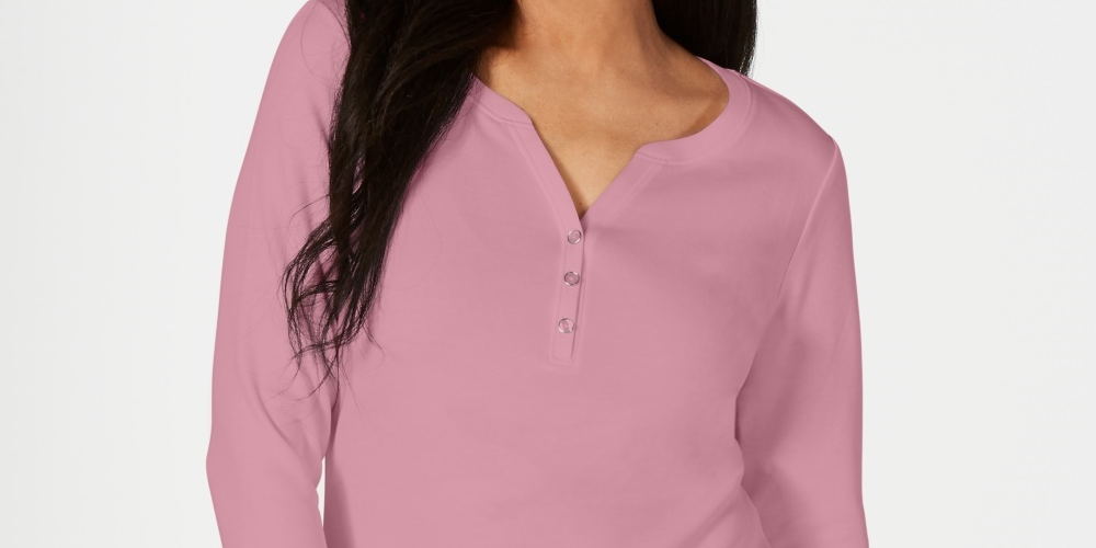 Camisa Henley de algodão pequena Karen Scott feminina rosa PS/M
